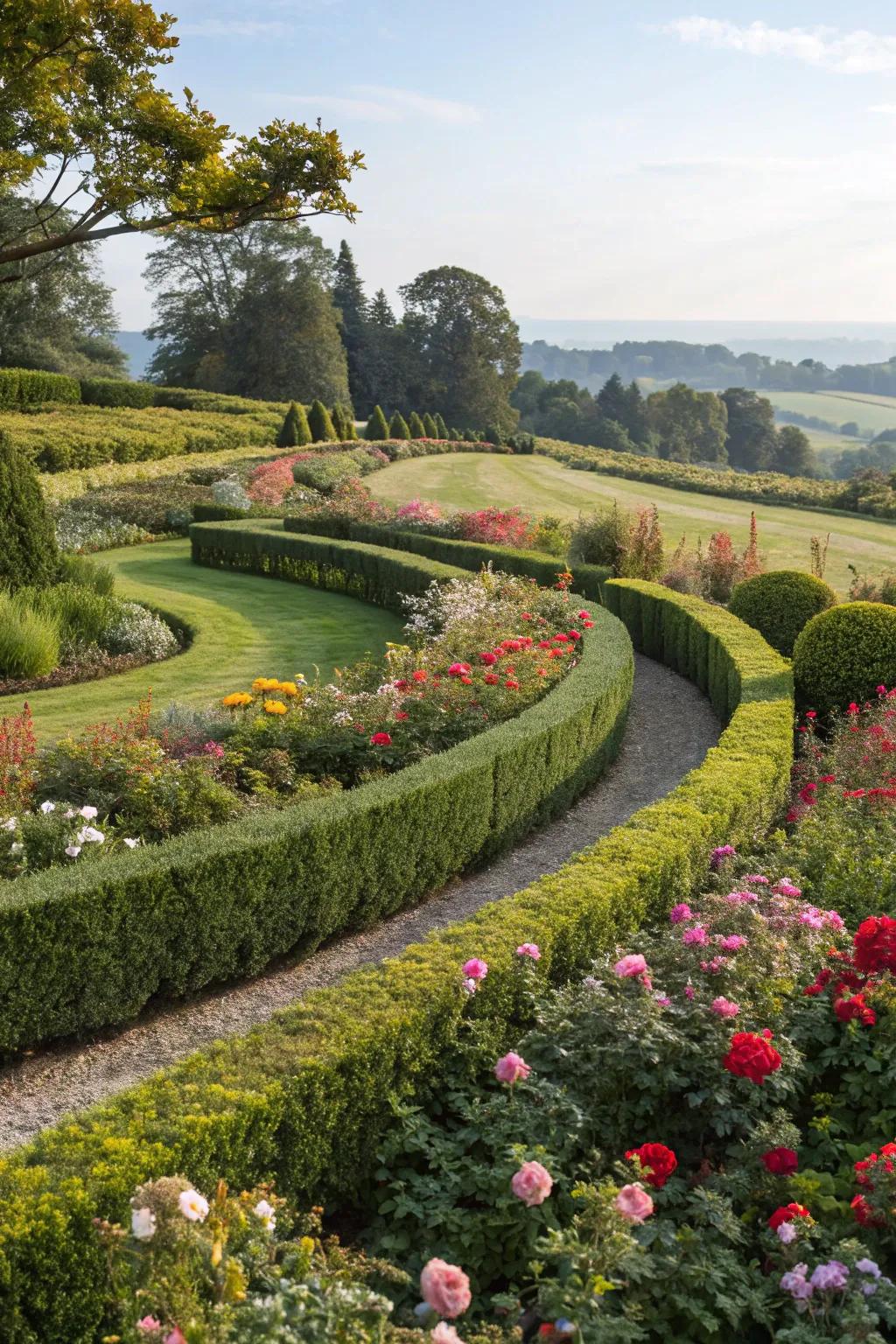 Curved shrub lines guide the eye through a harmonious garden design.