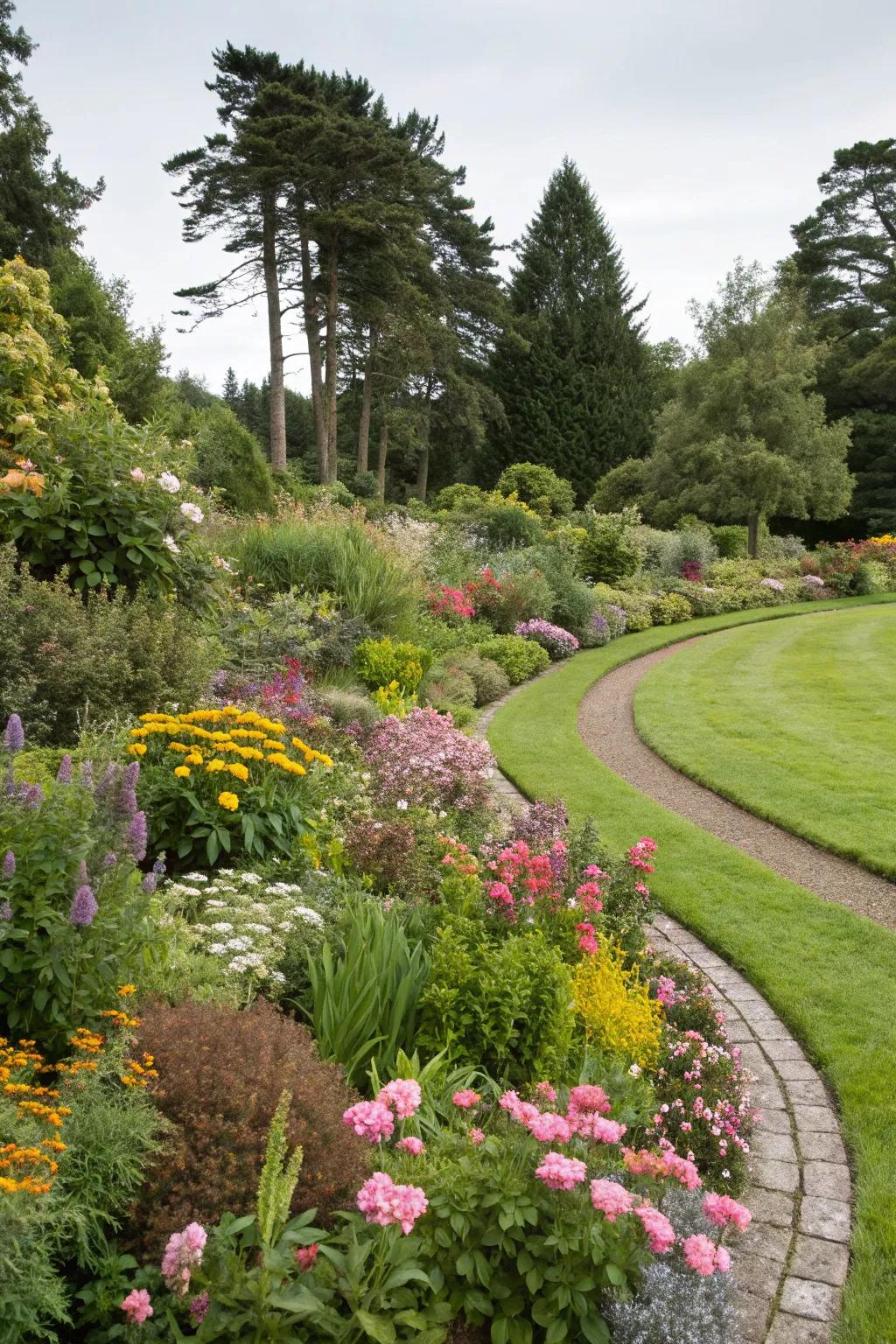 Curved flower borders create a natural and lively garden atmosphere.