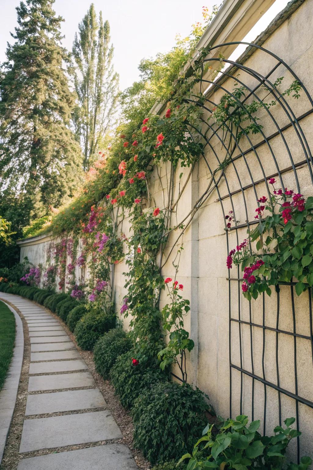Curved trellises add vertical interest and elegance to garden walls.