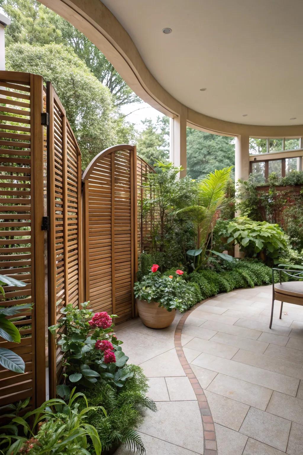 Curved privacy screens offer seclusion with a soft touch.