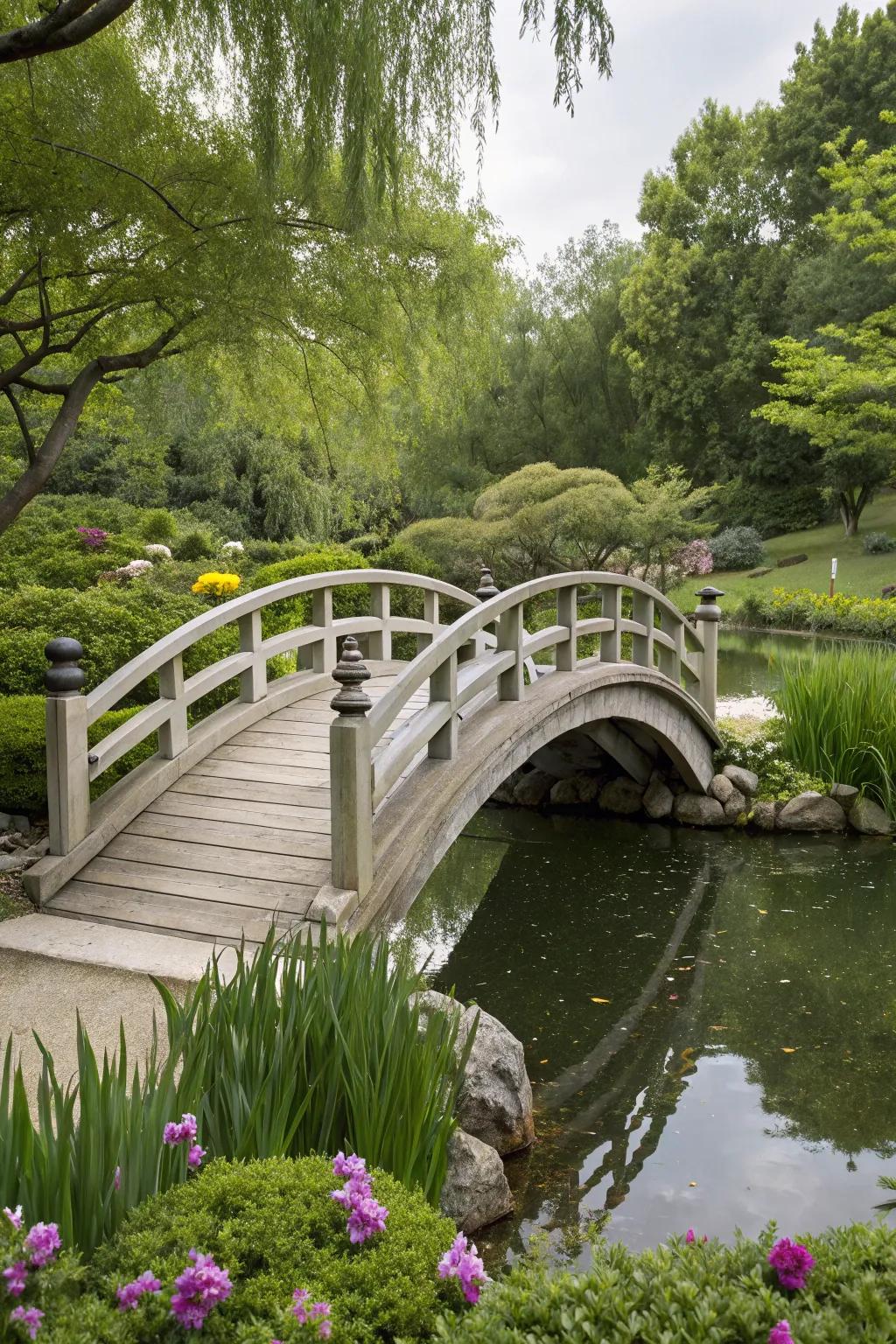 A curved garden bridge adds whimsy and elegance to garden settings.