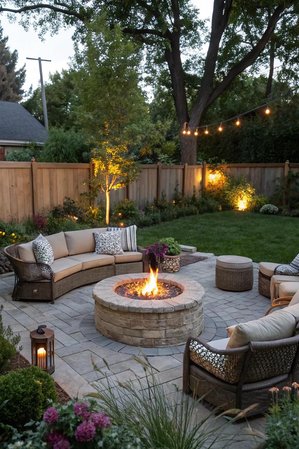 A circular fire pit becomes a warm gathering spot in any garden.