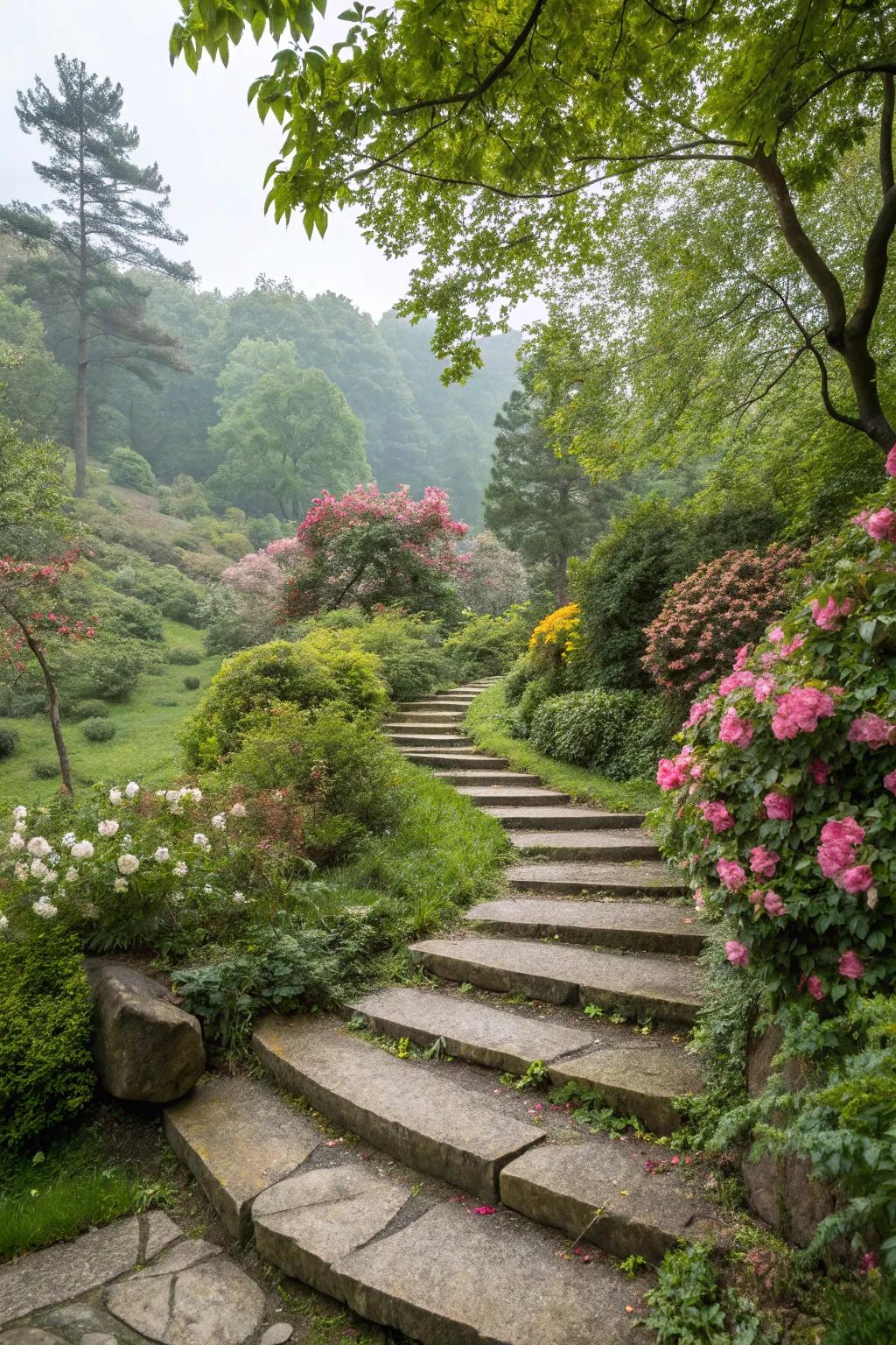 Curving stone steps add charm and continuity to garden landscapes.