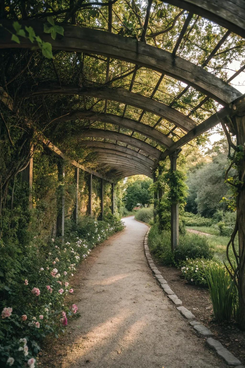 Curved pergolas add elegance and structure to garden pathways.