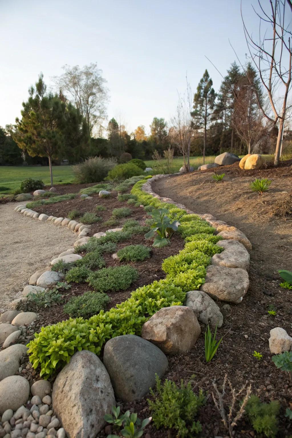 Curved rock gardens mimic natural formations and add tranquility.
