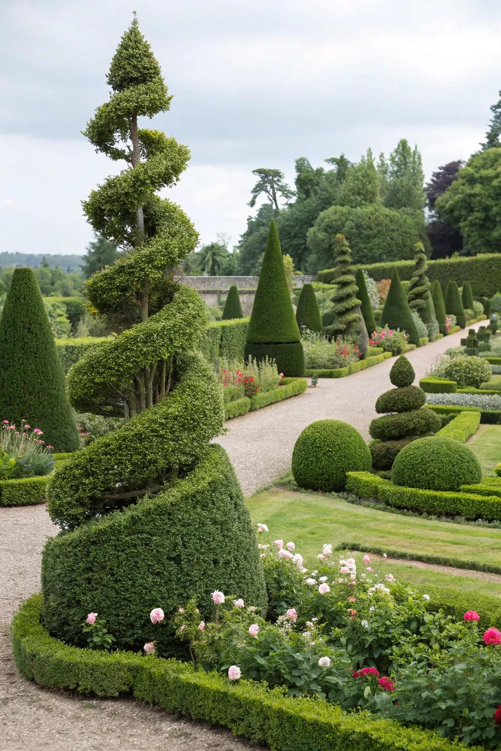 Curved topiary designs add a playful, artistic touch to gardens.