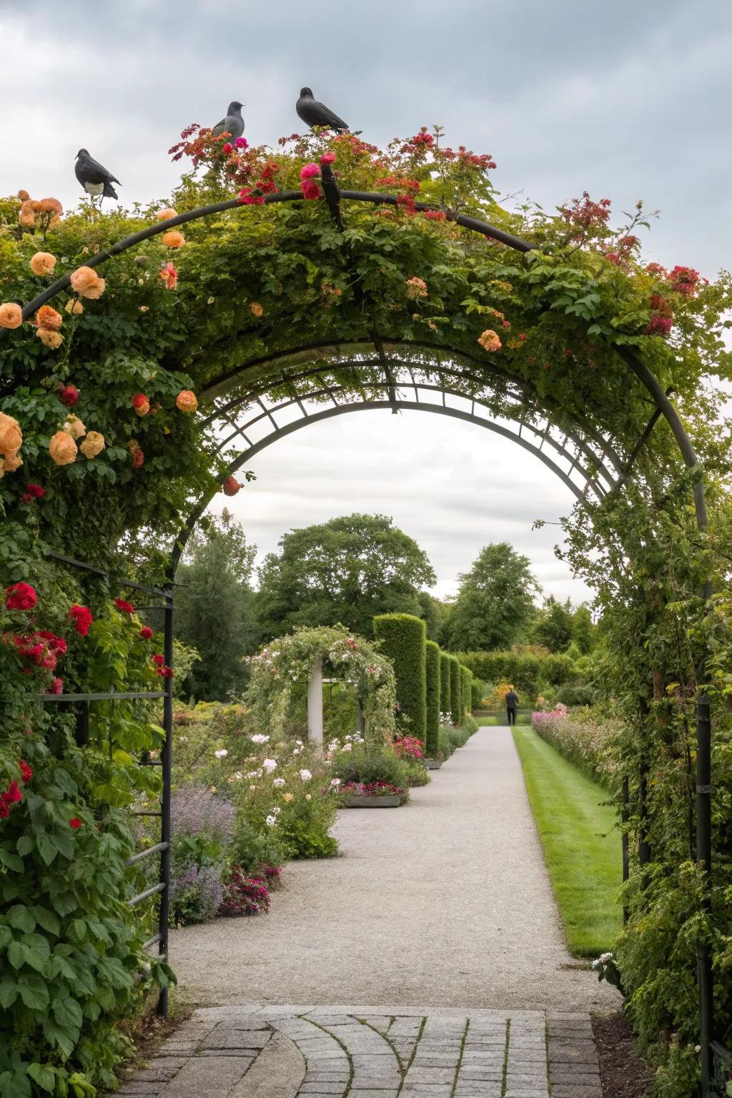 A curved flower arch creates a stunning focal point at garden entrances.