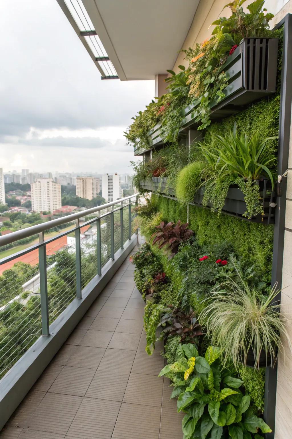 Maximize greenery with wall-mounted vertical planters.