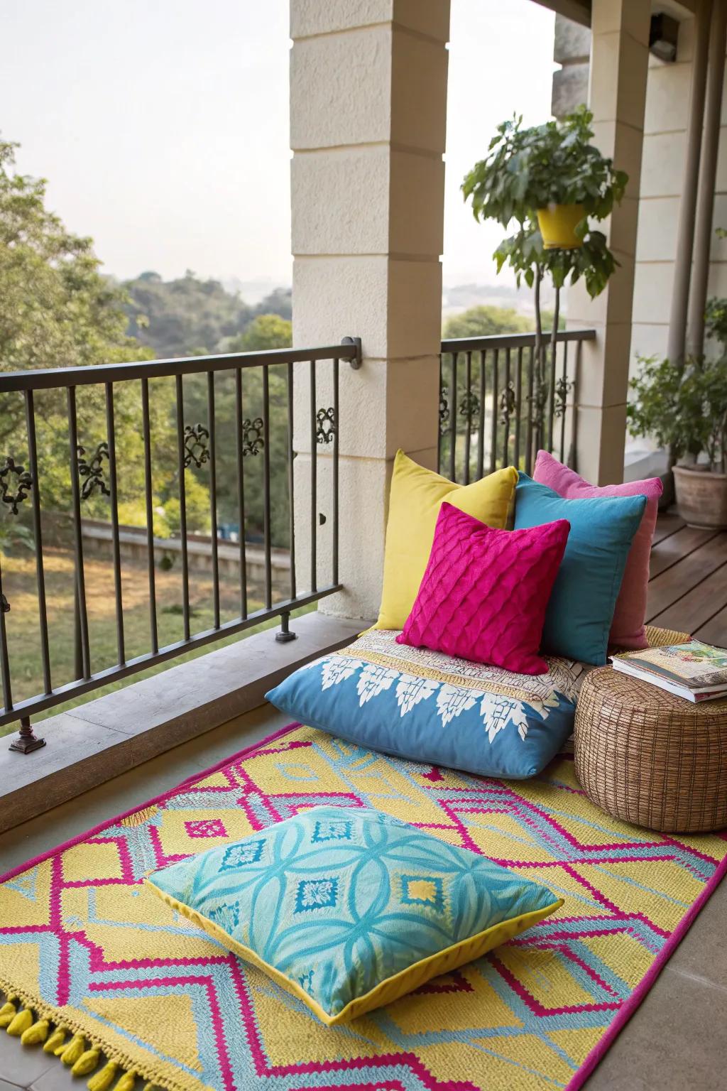 Use colorful textiles to bring energy and warmth to your balcony.