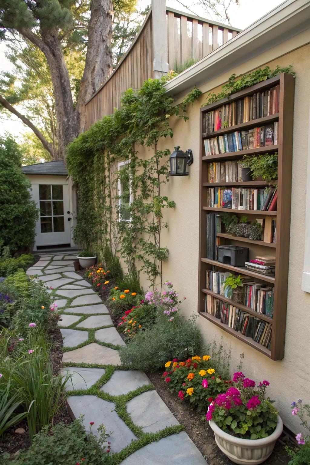Outdoor wall shelving providing both functionality and aesthetic appeal for book lovers.