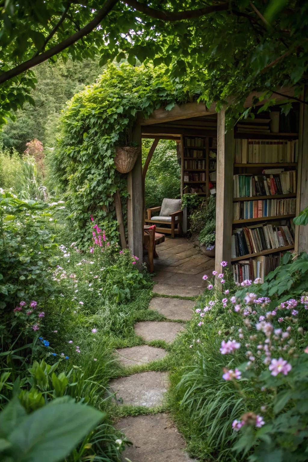 A secret garden library, inviting exploration and quiet reading moments.