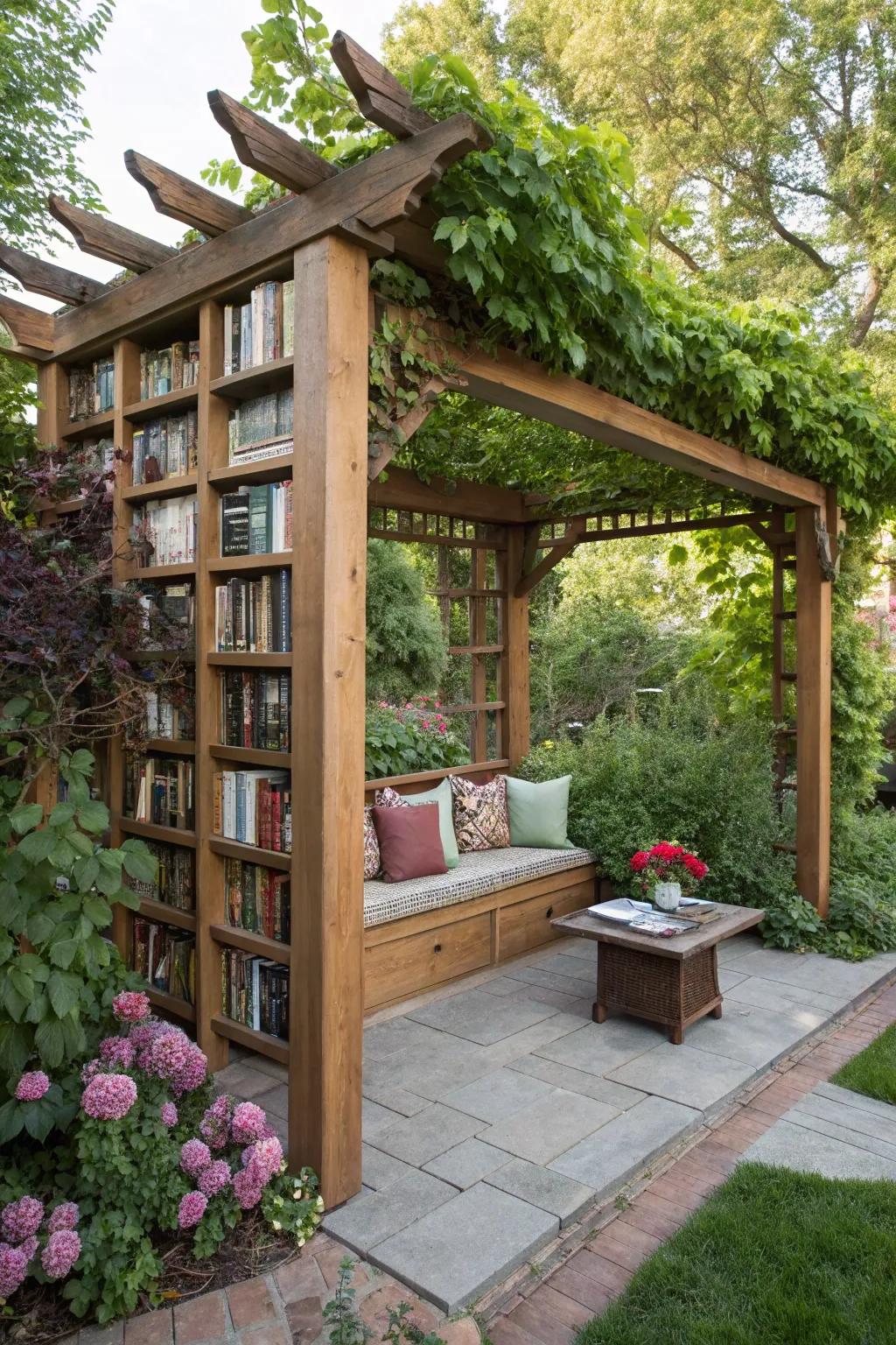 A pergola with bookshelves offers a serene, shaded reading retreat.