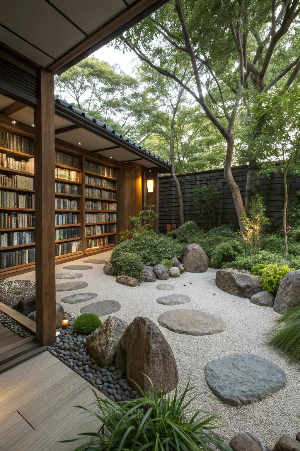 A Zen garden library offering a serene and balanced space for relaxation and reading.
