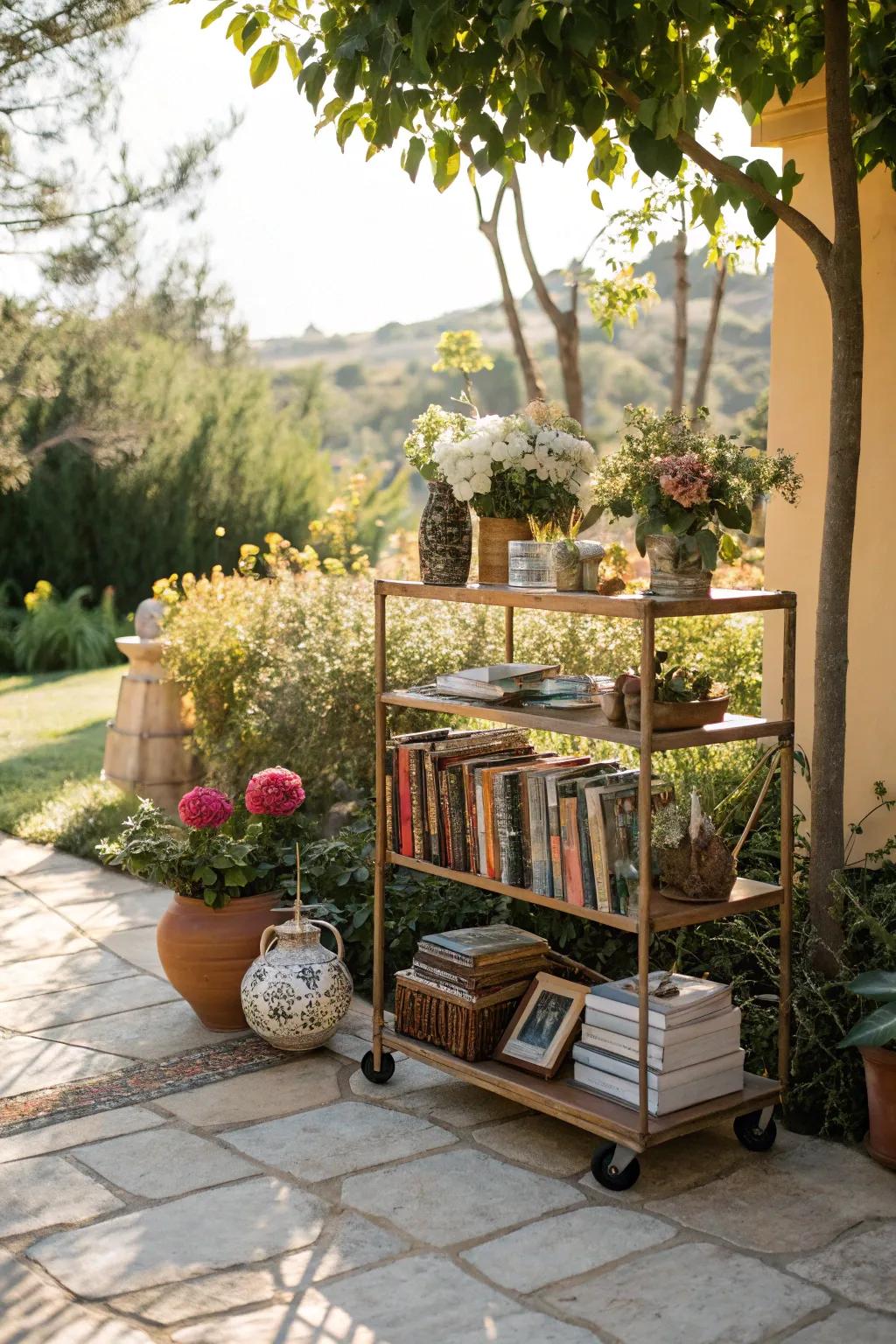 A portable book cart offering flexibility and ease for outdoor reading.