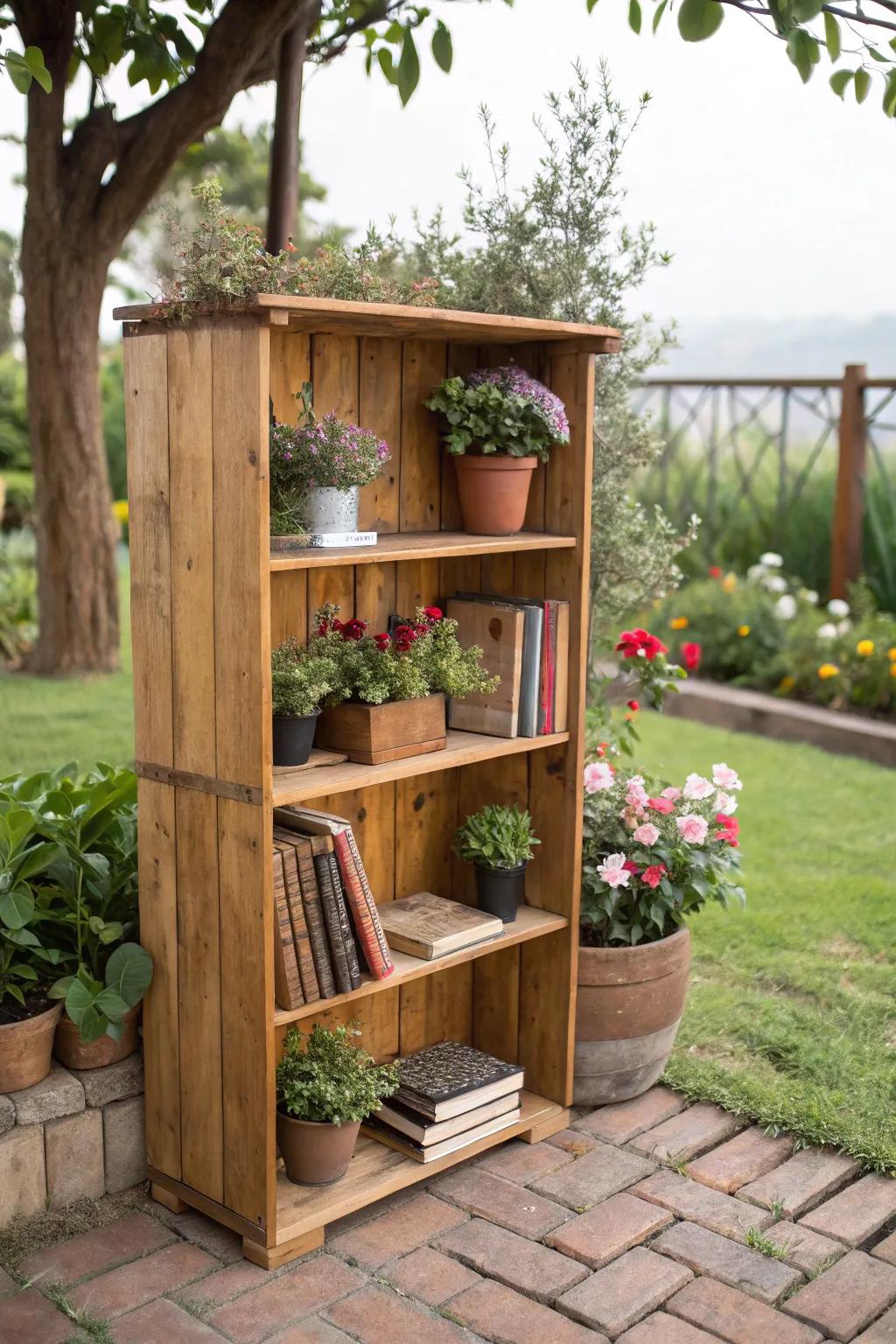 A rustic bookcase crafted from reclaimed wood, blending seamlessly with nature.