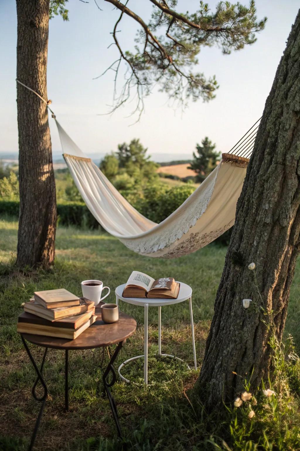 A hammock library setup, offering the perfect blend of comfort and nature for reading.