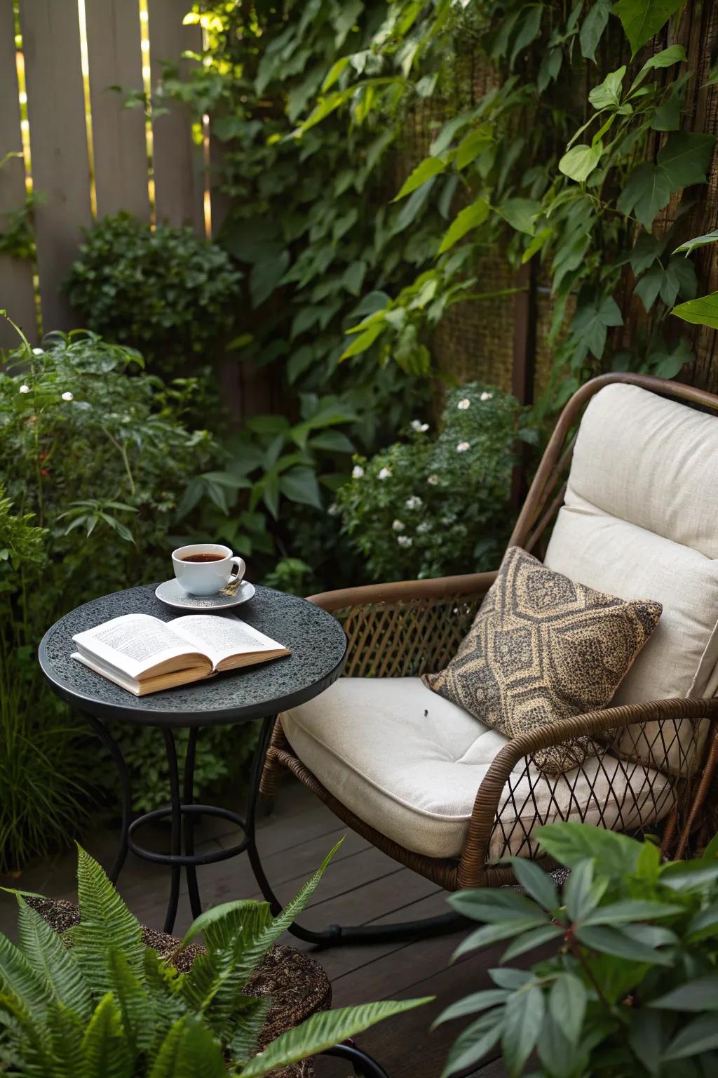 A tranquil garden reading nook complete with a chair and table, perfect for a peaceful reading session.