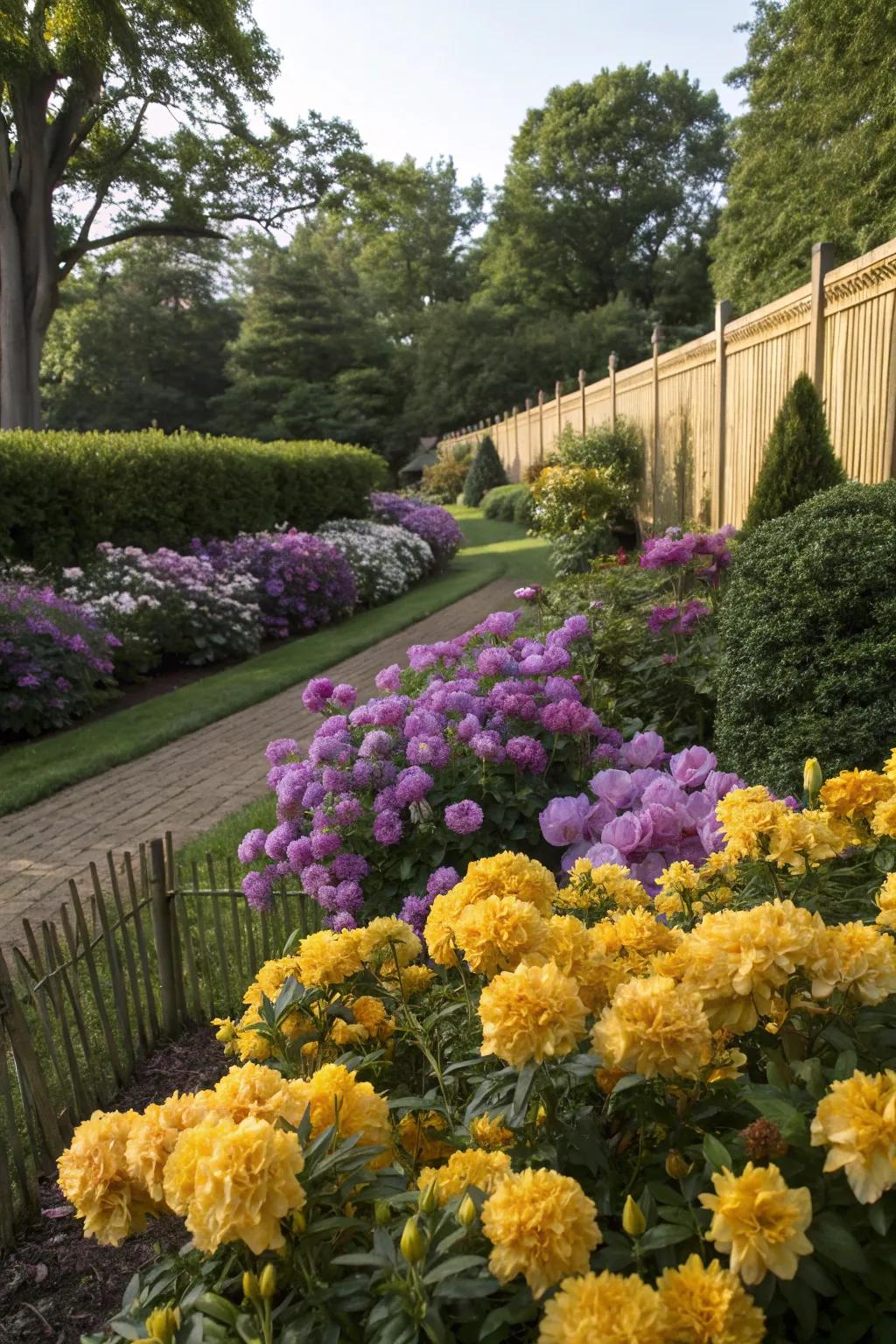 A striking combination of gold and purple flowers.