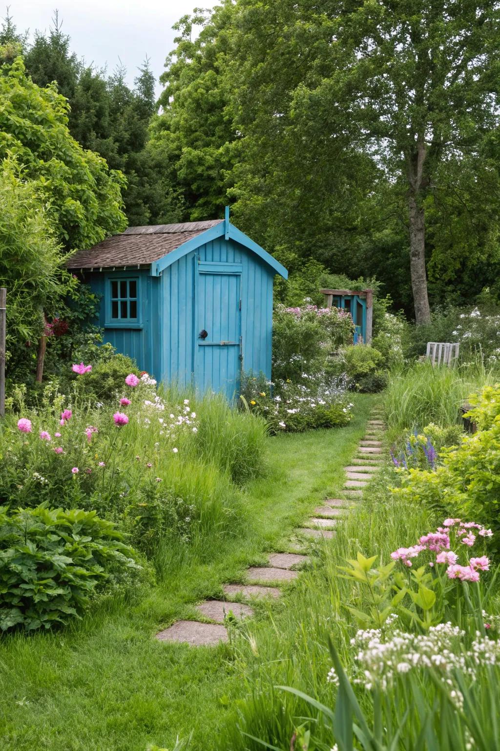 Vibrantly painted structures that highlight the garden.