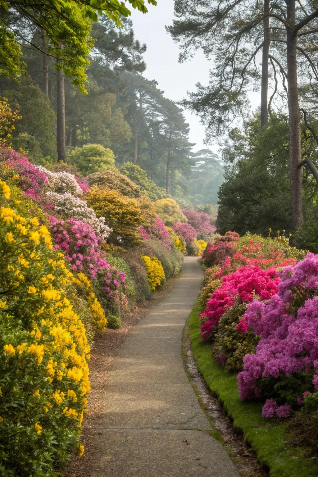 A colorful path lined with vibrant blooms.