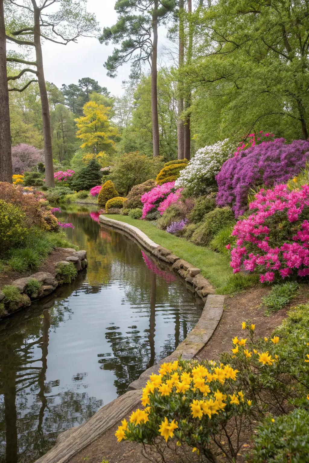 A lively water feature surrounded by vibrant flora.