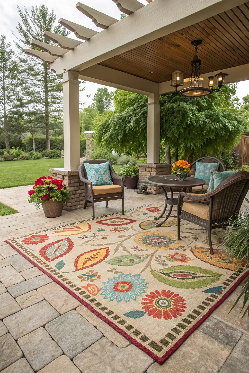 Add warmth and color with a stylish outdoor rug.