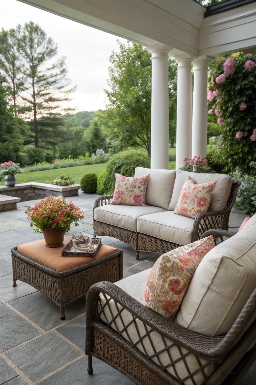 Weather-resistant fabrics keep your patio looking fresh and inviting.