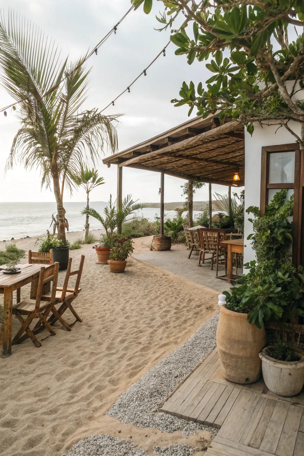 Achieve a laid-back vibe with sand or gravel flooring.