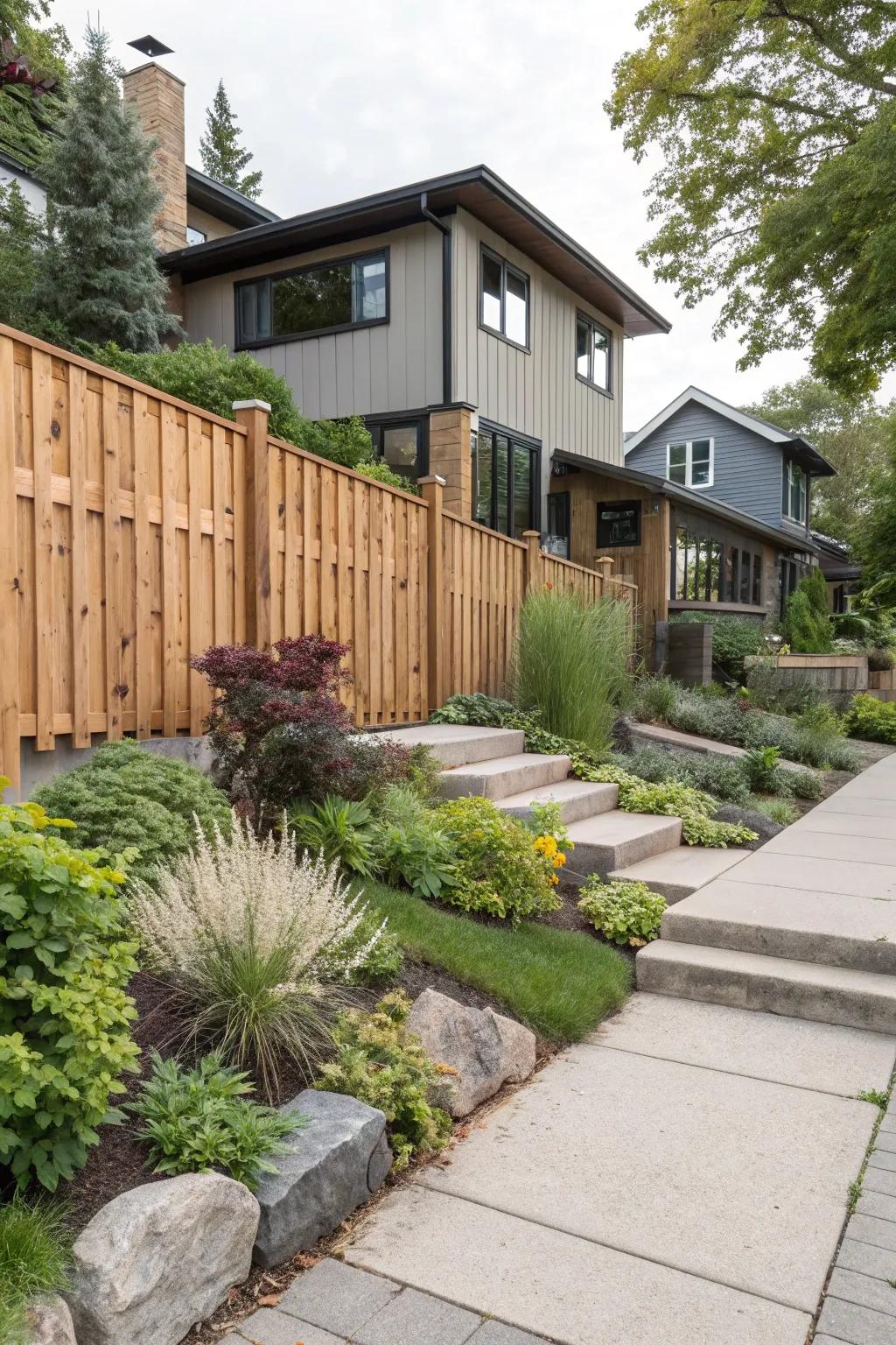 Dynamic and visually intriguing layered fence heights.