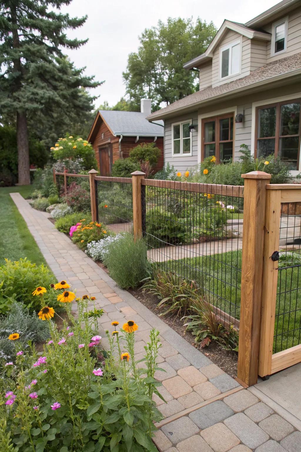 Secure yet open with a wood and wire fence.