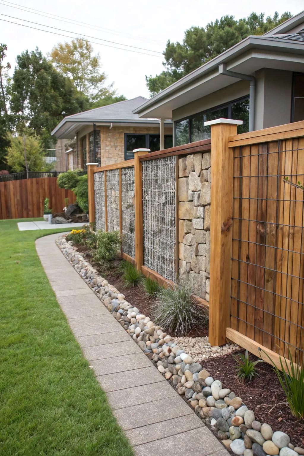 Rugged refinement with a gabion and wood fence.