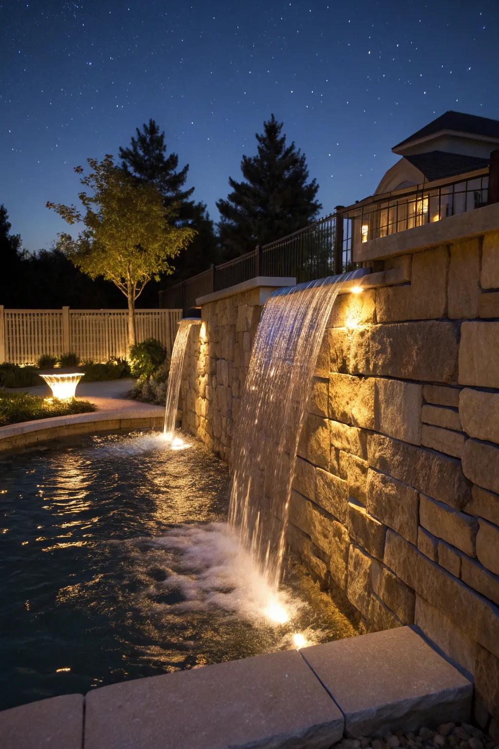 Lighting can transform your waterfall into a captivating nighttime spectacle.