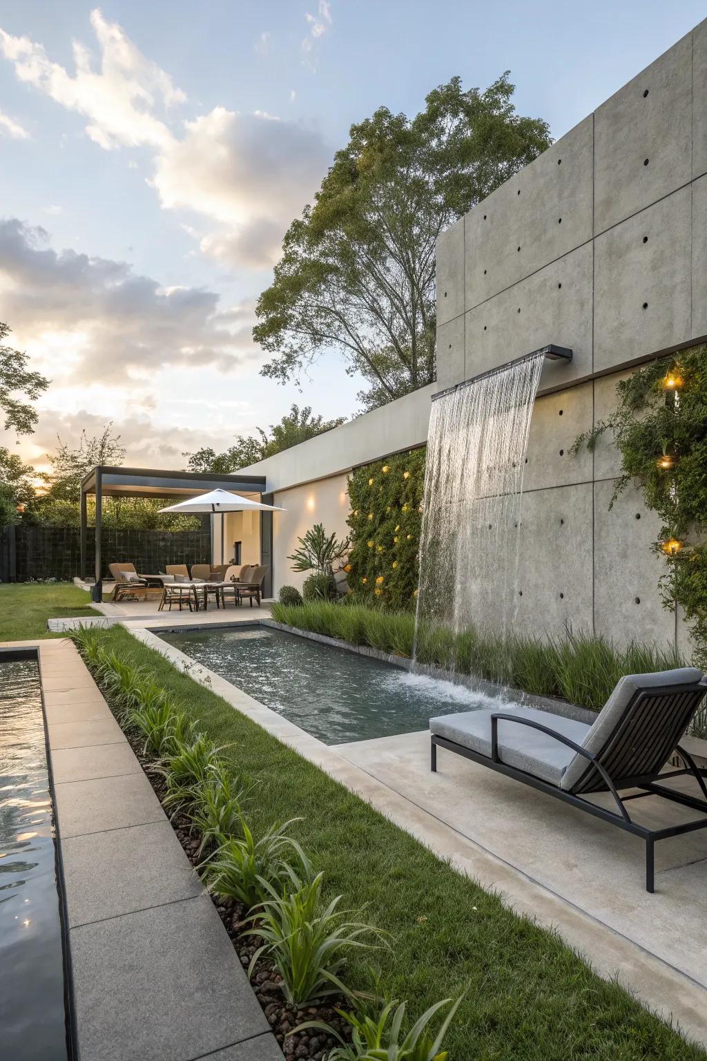A sculpted concrete waterfall offers a bold and artistic statement.