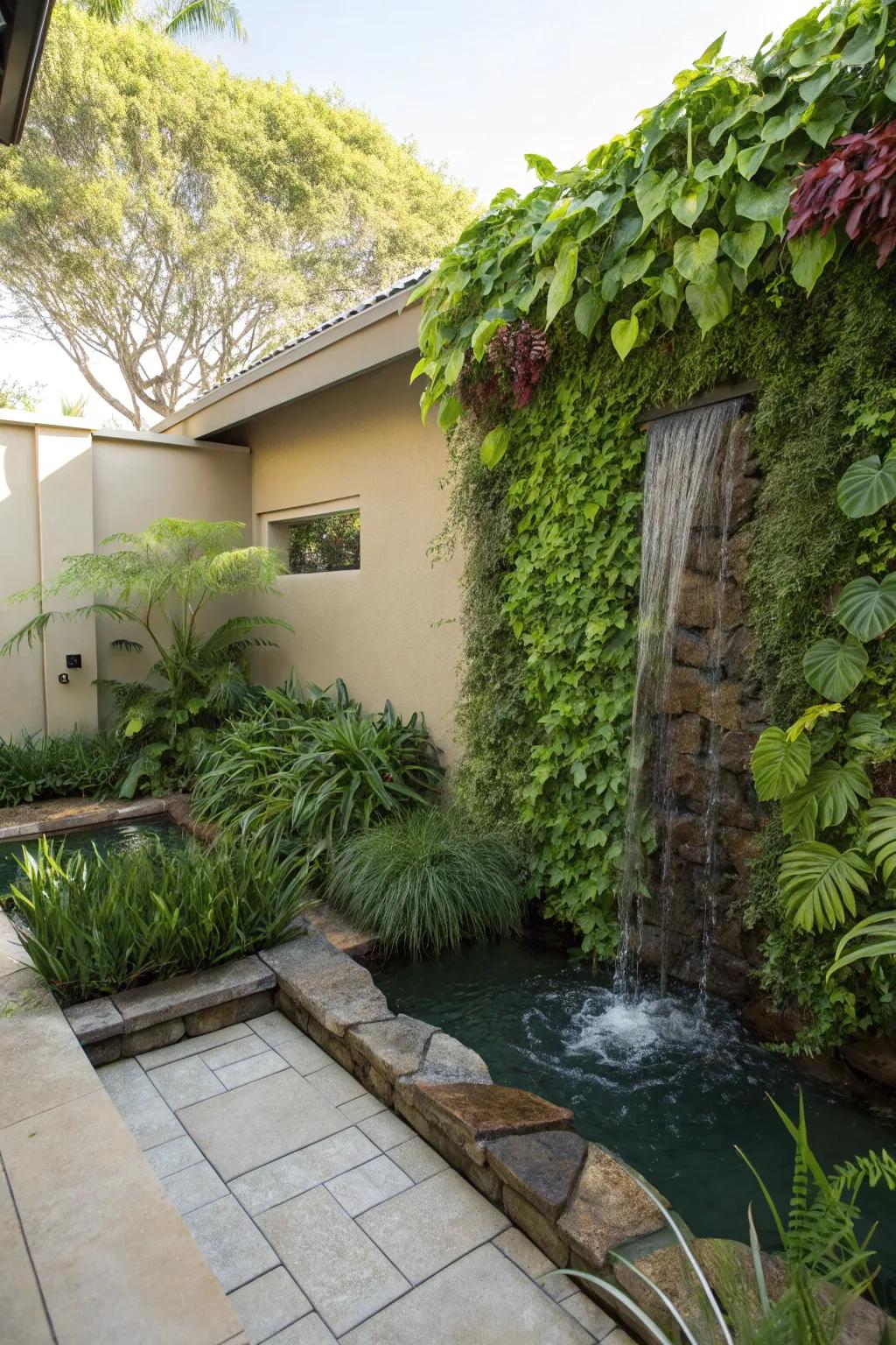 A green wall waterfall provides a vibrant and eco-friendly backyard feature.