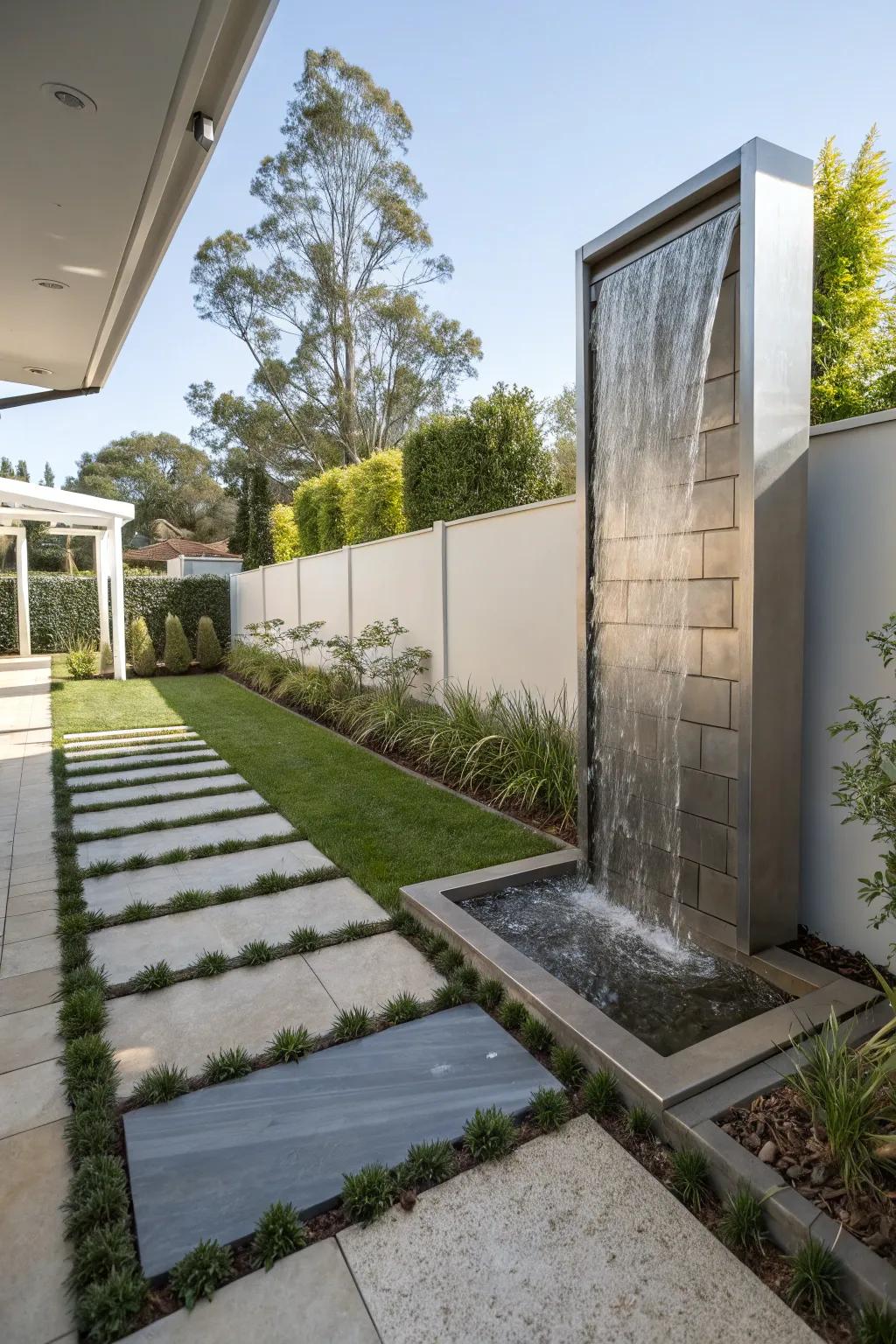 Sleek and stylish, a modern minimalist waterfall enhances contemporary homes.
