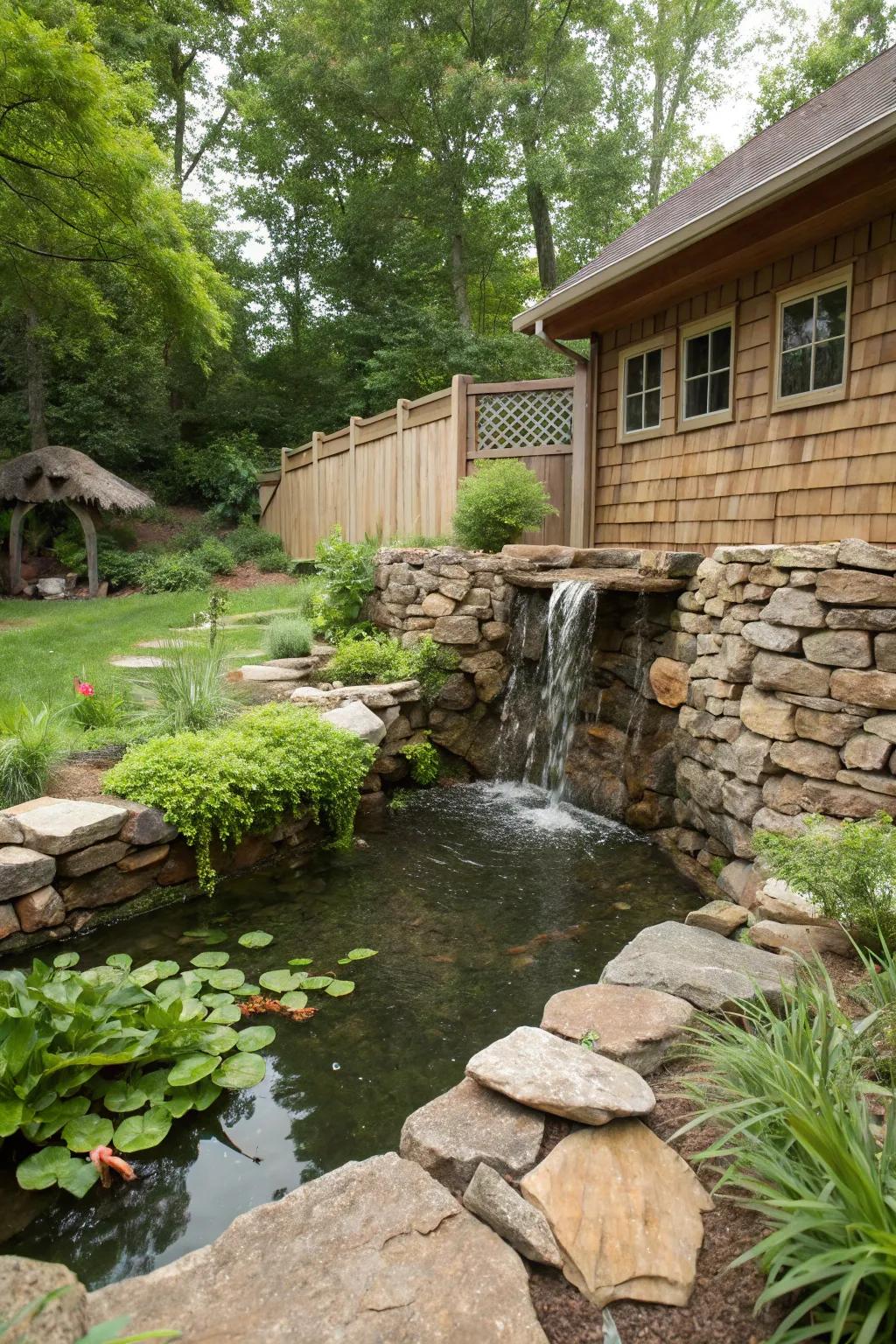 A rustic stone wall waterfall adds a natural element to any backyard.