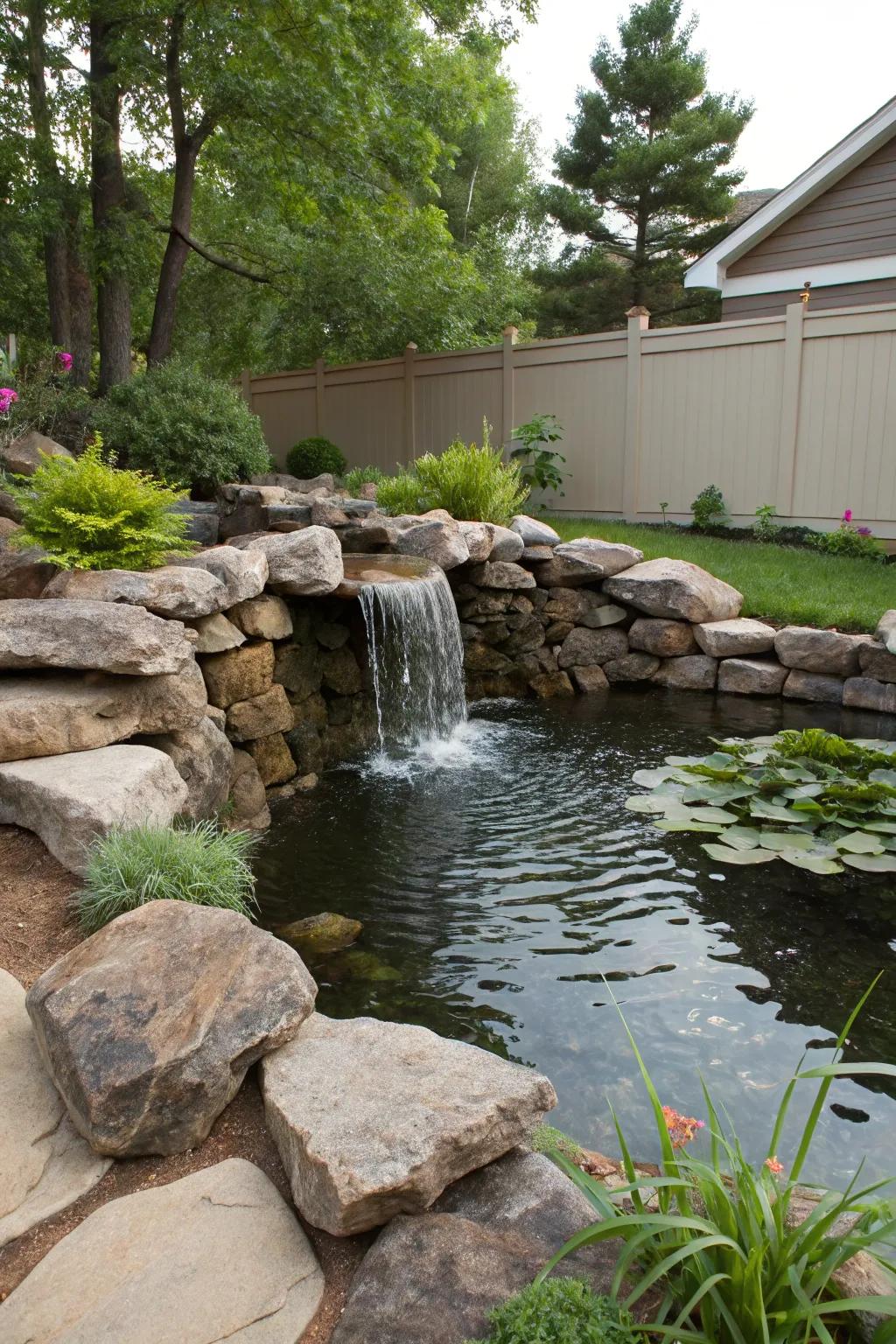 A pond complements a waterfall, adding depth and a peaceful ambiance.