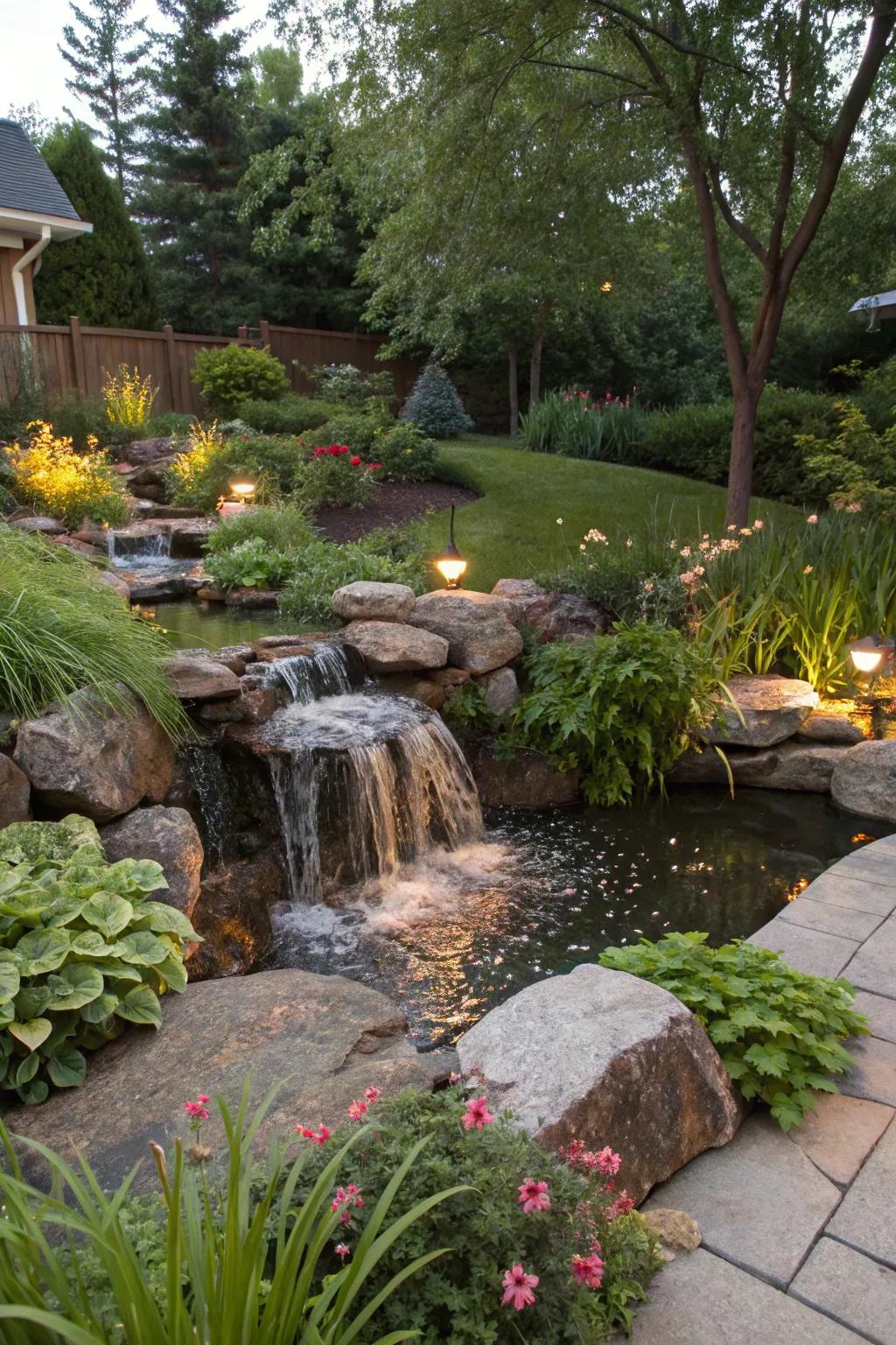 A natural oasis waterfall invites tranquility and attracts wildlife to your garden.