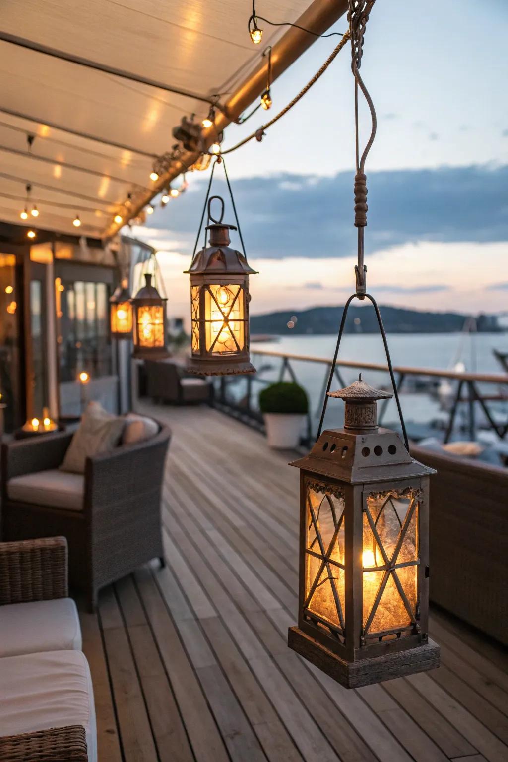 Ship-inspired lanterns evoke a sense of maritime adventure.