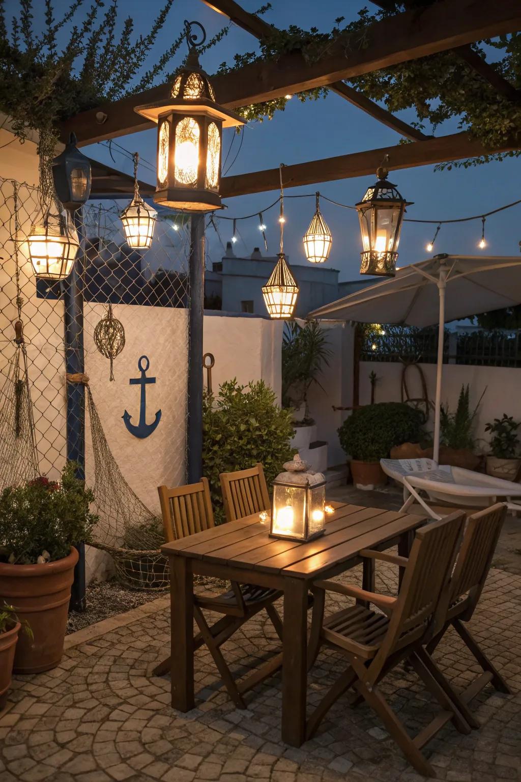 Lanterns cast a warm, inviting glow perfect for nautical evenings.