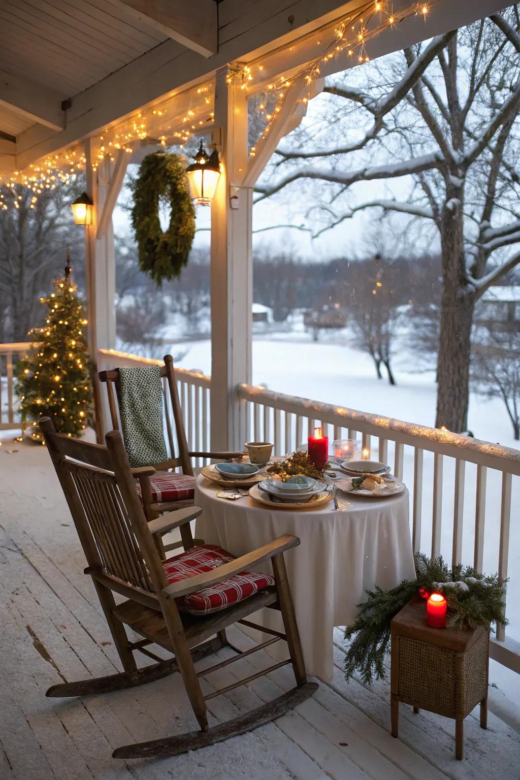 Rustic porch with rocking chairs and a small table for cozy evenings.