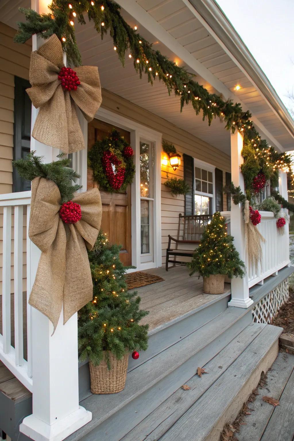 Burlap bows used as accents on rustic porch Christmas decorations.