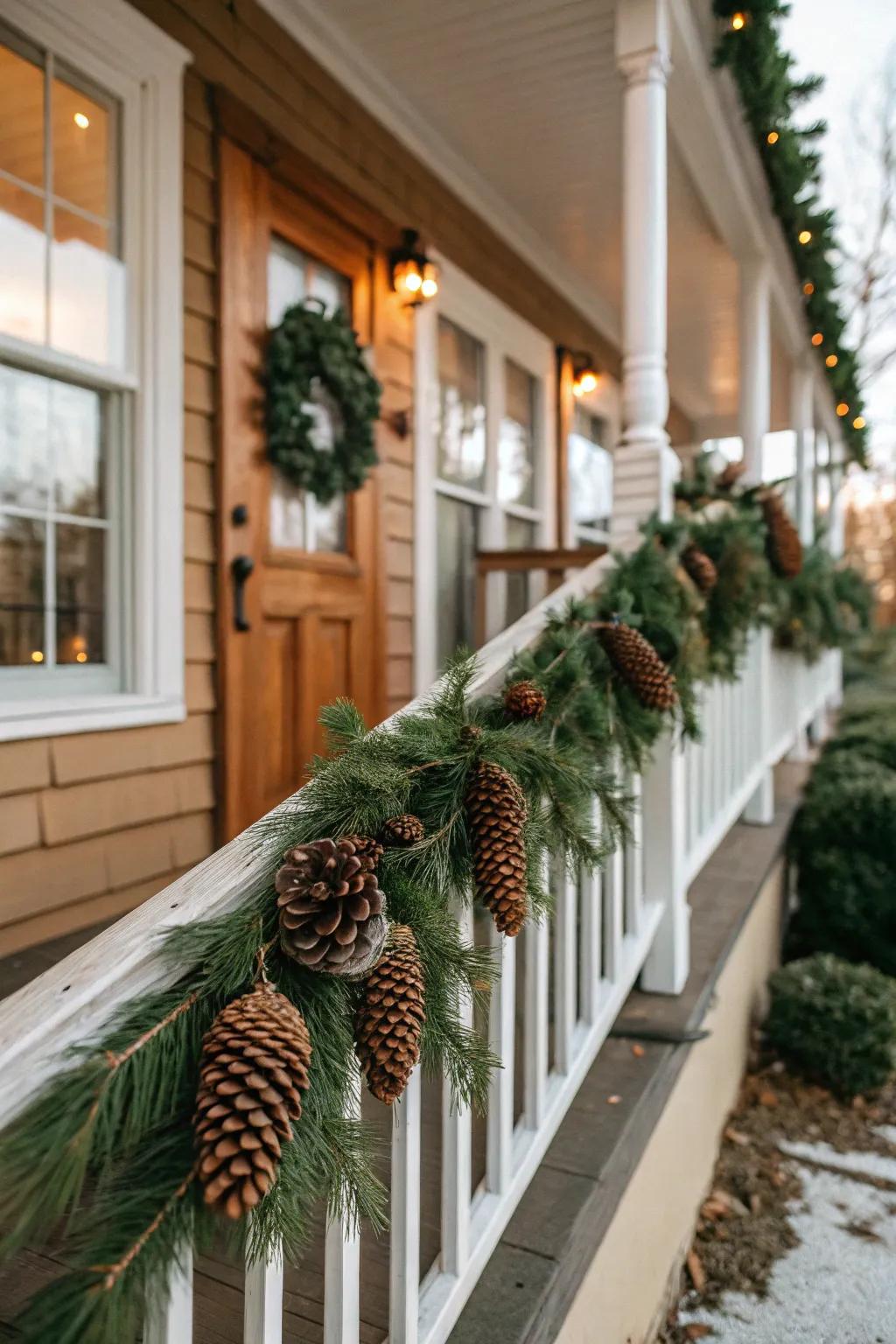 Garland made of pinecones draped along porch railing.