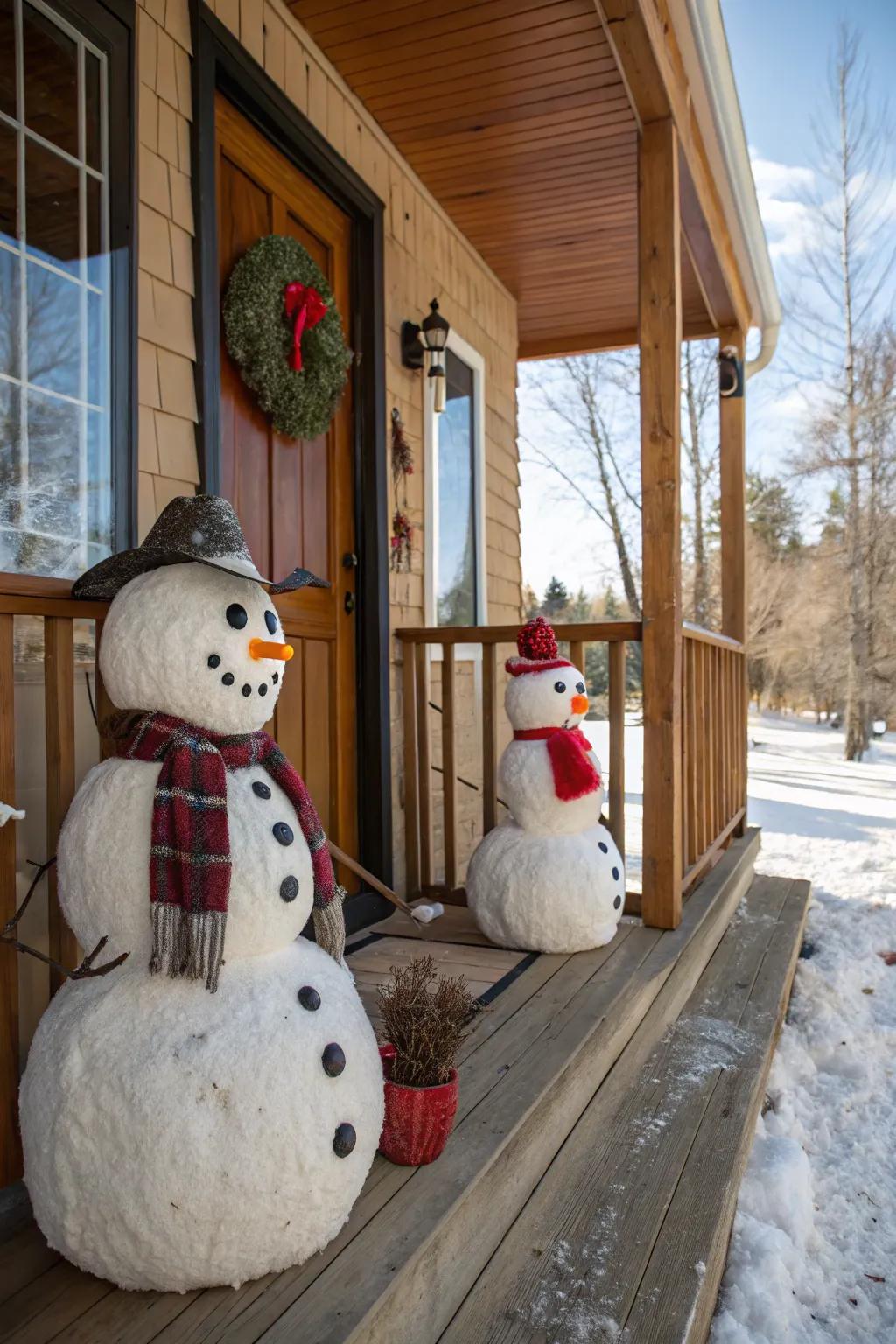 Charming snowman figures placed as decorations on a rustic porch.