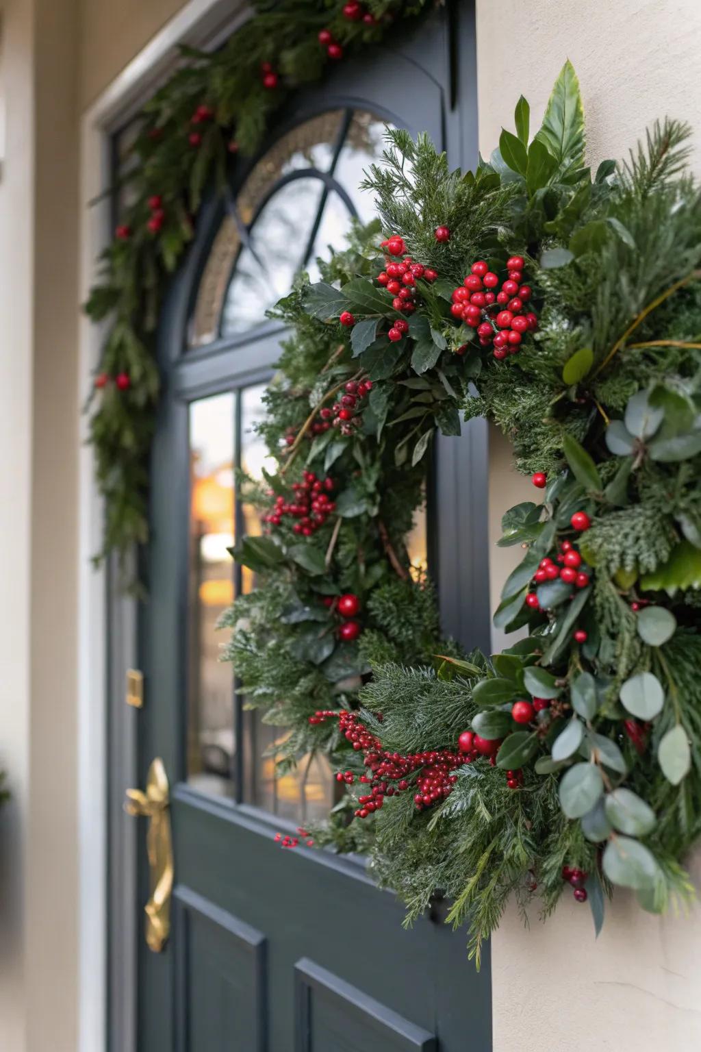 Front door with a lush Christmas wreath made of natural greenery and red berries.