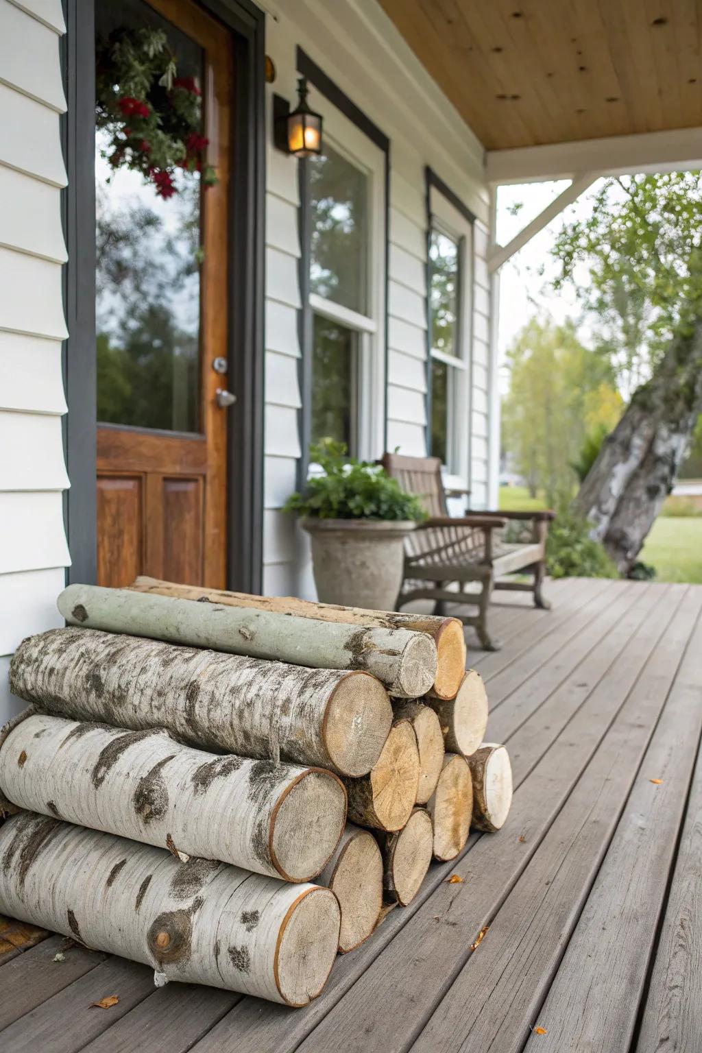Stack of birch logs arranged by the front door on a rustic porch.