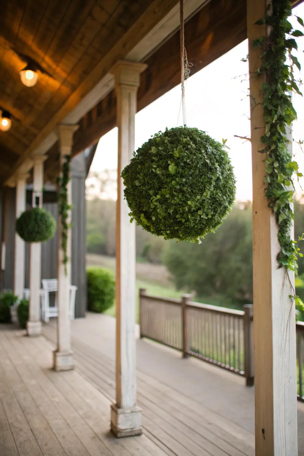 Kissing ball made of greenery hanging between porch posts.