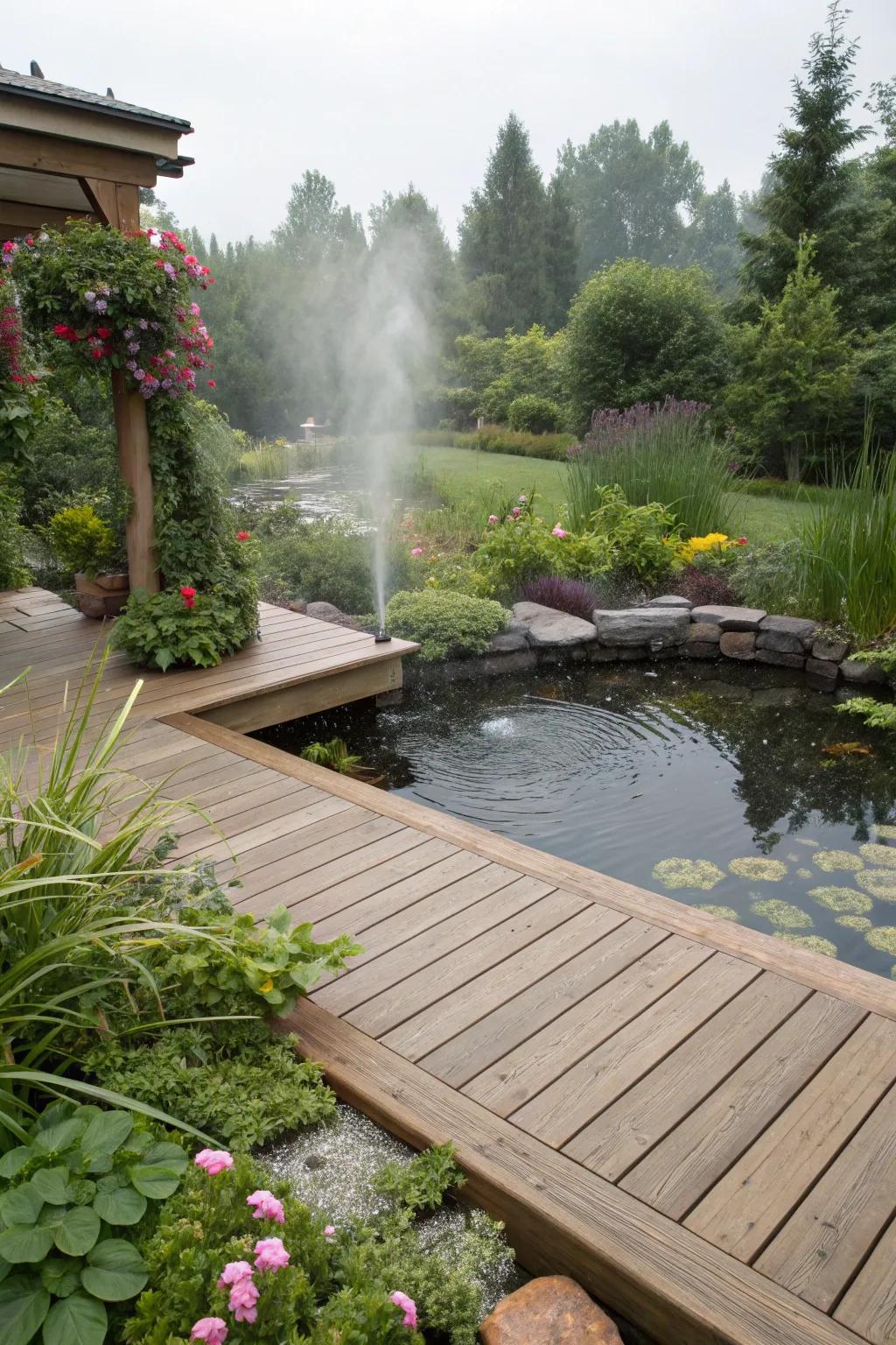 A water feature adds tranquility to your deck landscape.