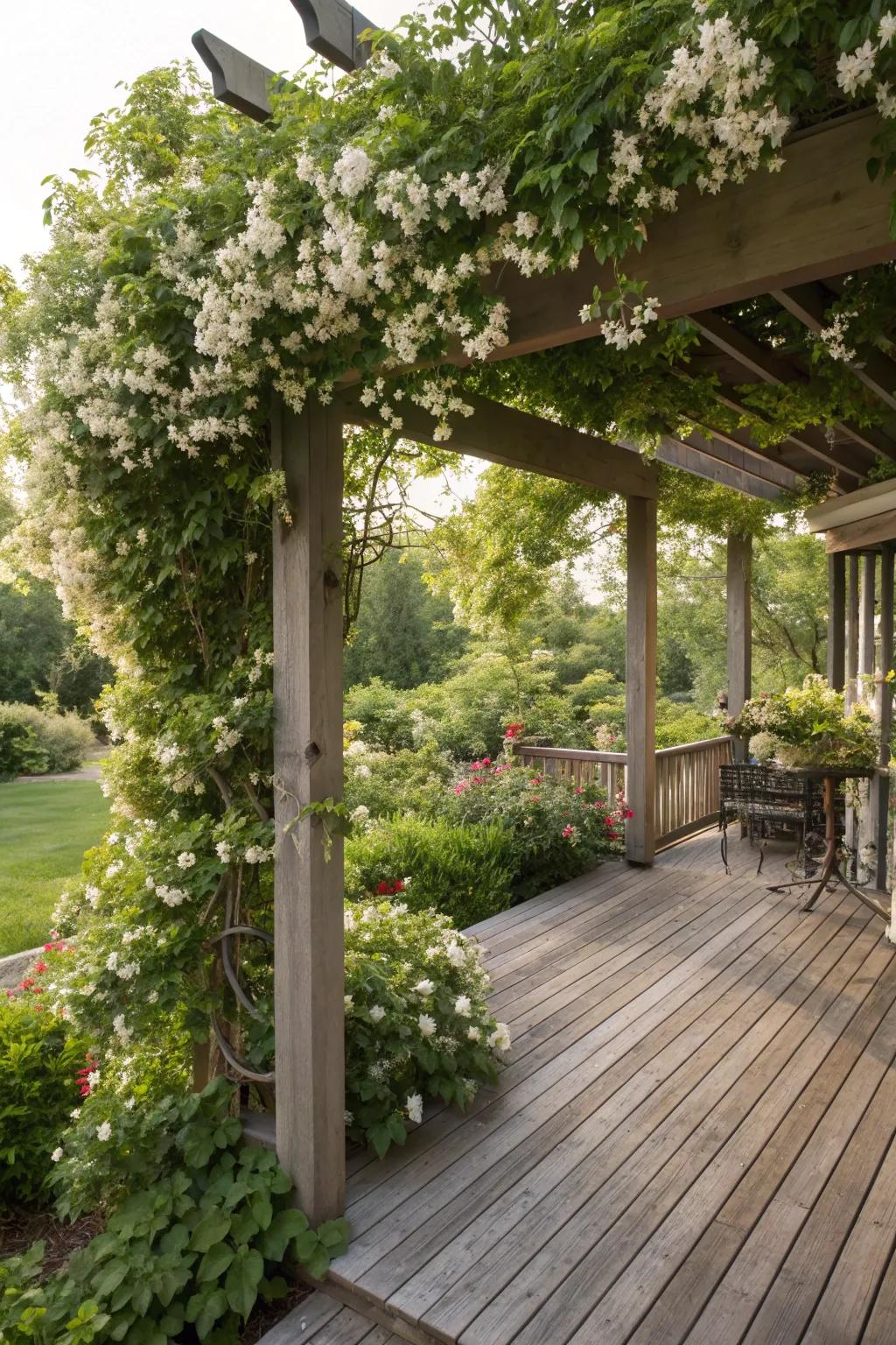 A pergola adds structure and supports climbing plants.