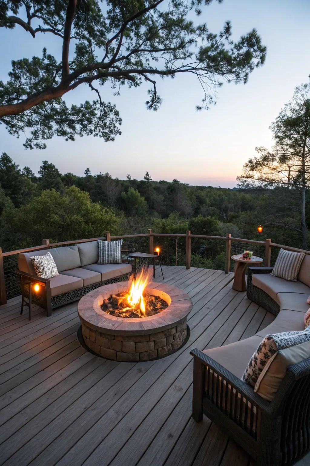 A fire pit creates a gathering spot for cozy evenings.